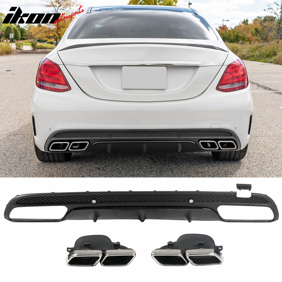 2015-2021 Benz C-Class W205 C63 Style Gloss Black Rear Diffuser PP + Silver Exhaust Tips