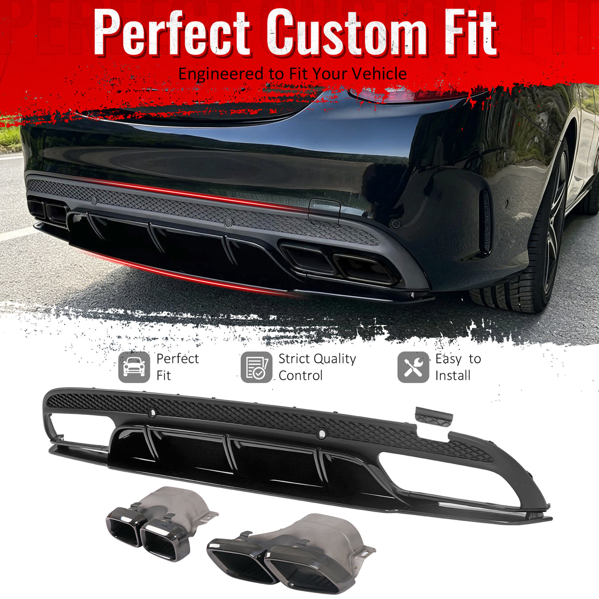 IKON MOTORSPORTS Rear Diffuser Fits 2015-2021 Benz C-Class W205 (C300 C350e C400 C450 C43 C63 AMG) C63 Edition1 Style Black Rear Bumper Lip W/ Stainless Steel 2019 Facelift C63 Quad Square Exhaust Tip