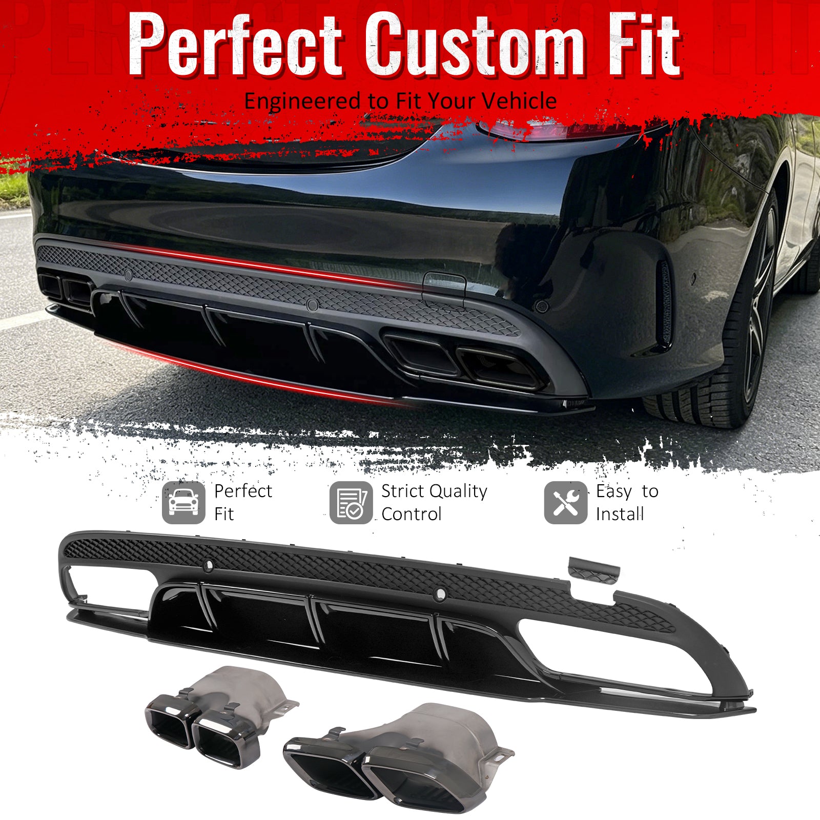 IKON MOTORSPORTS Rear Diffuser Fits 2015-2021 Benz C-Class W205 (C300 C350e C400 C450 C43 C63 AMG) C63 Edition1 Style Black Rear Bumper Lip W/ Stainless Steel 2019 Facelift C63 Quad Square Exhaust Tip