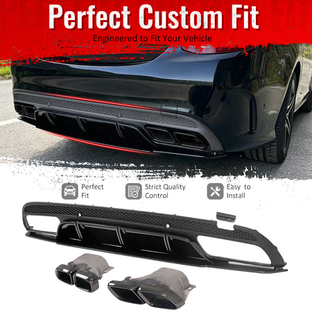 IKON MOTORSPORTS Rear Diffuser Fits 2015-2021 Benz C-Class W205 (C300 C350e C400 C450 C43 C63 AMG) C63 Edition1 Style Black Rear Bumper Lip W/ Stainless Steel 2019 Facelift C63 Quad Square Exhaust Tip