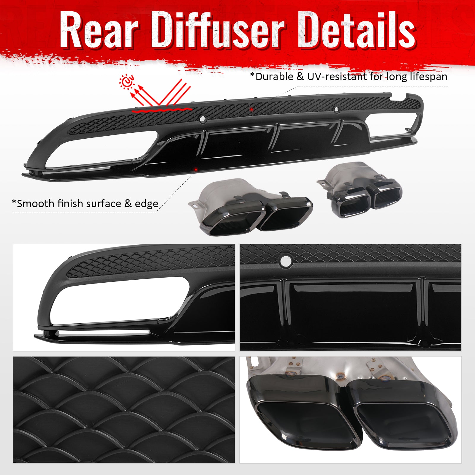Fits 15-21 Benz C-Class C300 C400 C63 Edition1 Style Rear Diffuser + Exhaust Tip
