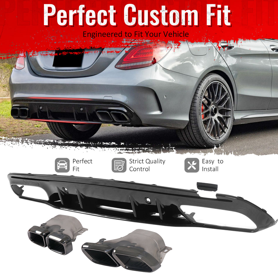 IKON MOTORSPORTS Rear Diffuser Fits 2015-2021 Benz C-Class W205 (C300 C350e C400 C450 C43 C63 AMG), 2019 Facelift C63 Style Gloss Black Rear Bumper Lip W/ Stainless Steel Quad Square Exhaust Tips