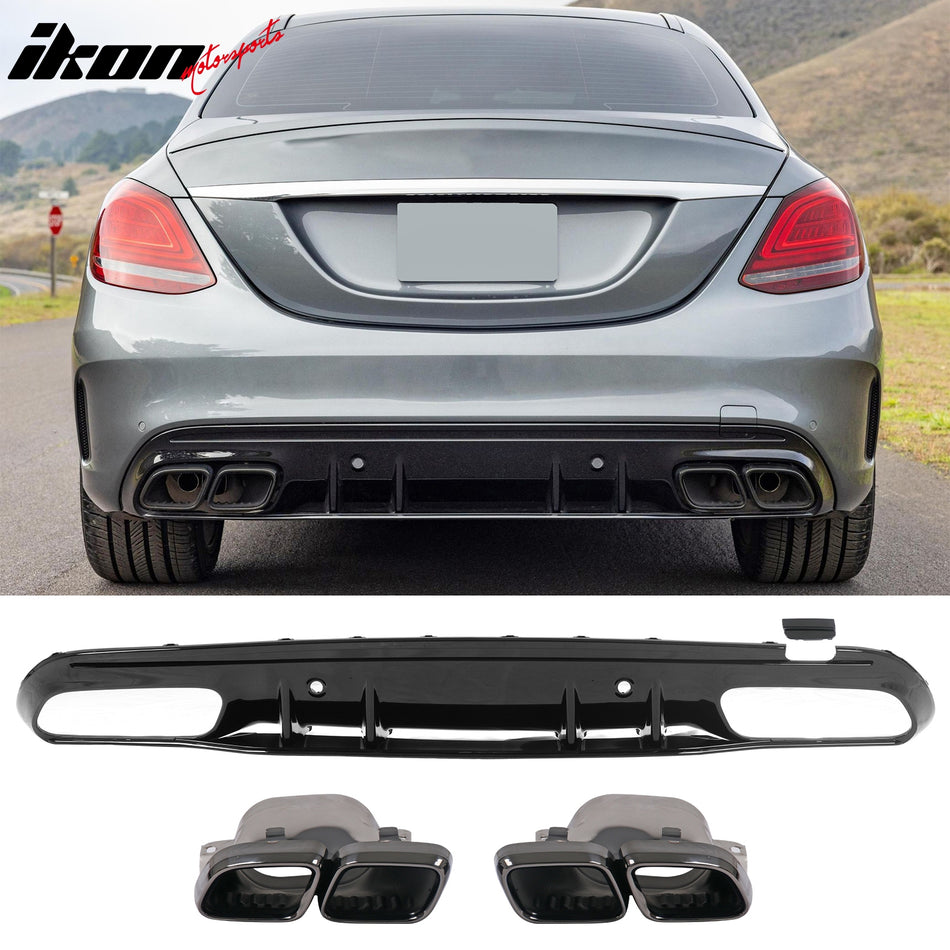 2015-2021 Benz C-Class W205 2019 Facelift C63 Style Gloss Black Rear Diffuser PP + Exhaust Tips