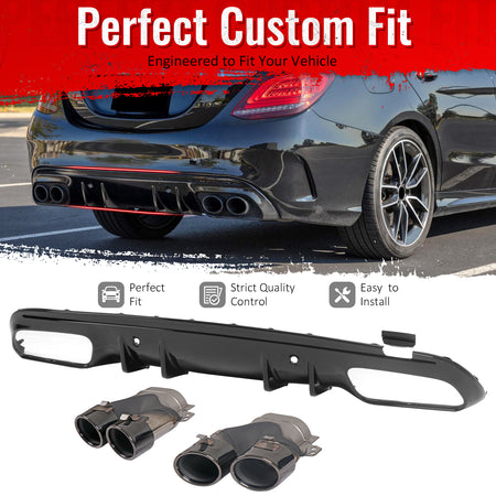 IKON MOTORSPORTS Rear Diffuser Fits 2015-2021 Benz C-Class W205 (C300 C350e C400 C450 C43 C63 AMG), 2019 Facelift C43 Style Gloss Black Rear Bumper Lip W/ Stainless Steel Quad Round Exhaust Tips