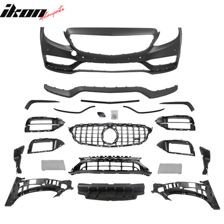 For 15–21 Benz C-Class W205 2019+ C63 Front Bumper Cover Kit W/ Chrome Grille