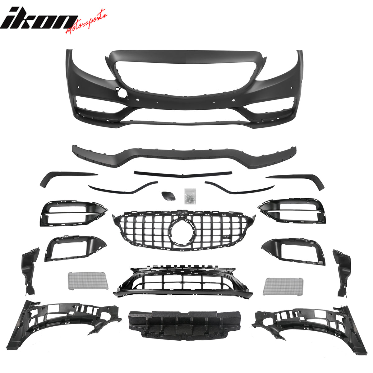 For 15–21 Benz C-Class W205 19+ C63 Front Bumper Cover Kit W/ Gloss Black Grille