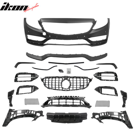 For 15–21 Benz C-Class W205 19+ C63 Front Bumper Cover Kit W/ Gloss Black Grille