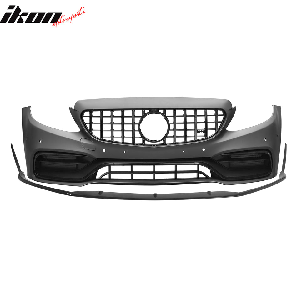 2015–2021 Benz C-Class W205 2019+ C63 Style Front Bumper Cover + Chrome Grille + Lip