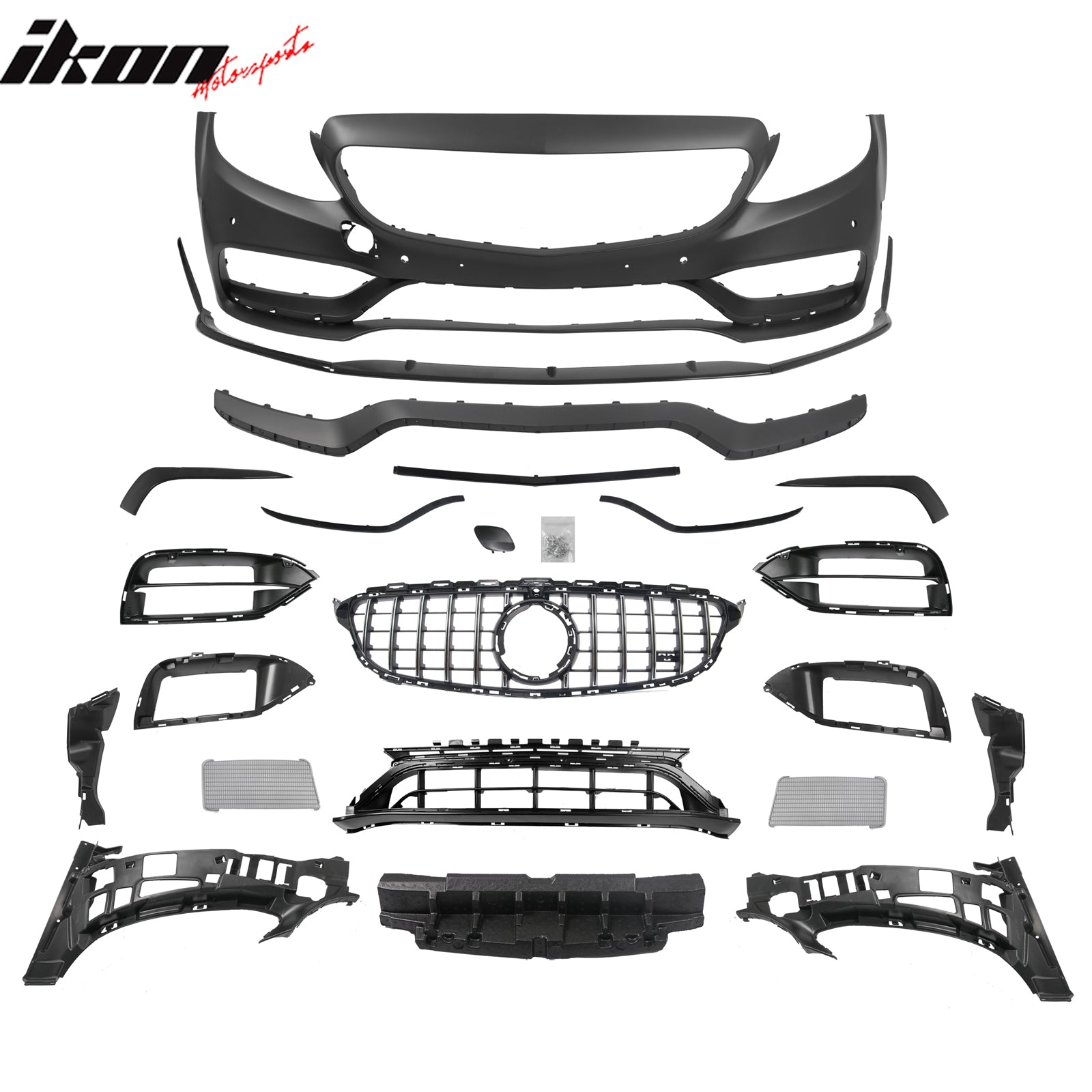 For 15–21 Benz C-Class 19+ C63 Front Bumper Cover Kit W/ Chrome Trim Grille +Lip