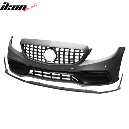 For 15–21 Benz C-Class 19+ C63 Front Bumper Cover Kit W/ Gloss Black Grille +Lip