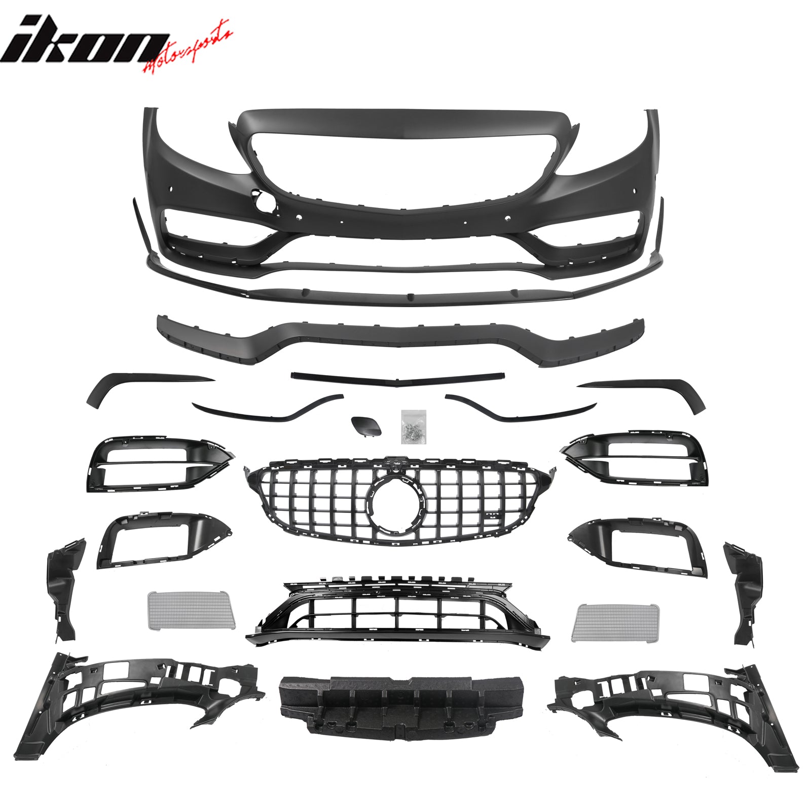 For 15–21 Benz C-Class 19+ C63 Front Bumper Cover Kit W/ Gloss Black Grille +Lip