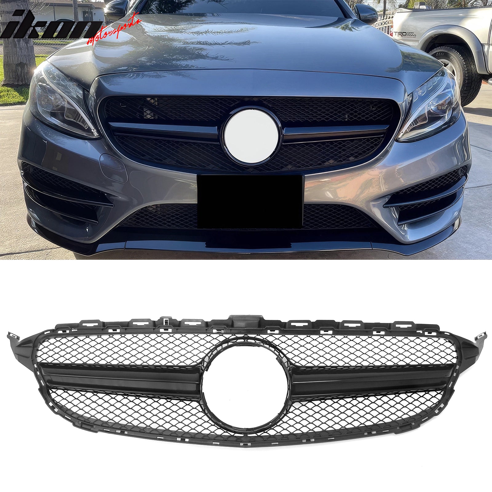 IKON MOTORSPORTS Front Bumper Cover, Compatible with 2015–2021 Benz W205 C300 C350e C400 C450 AMG, C63 Style Unpainted PP Bumper Conversion Bodykit W/ Gloss Black ABS Upper Grille