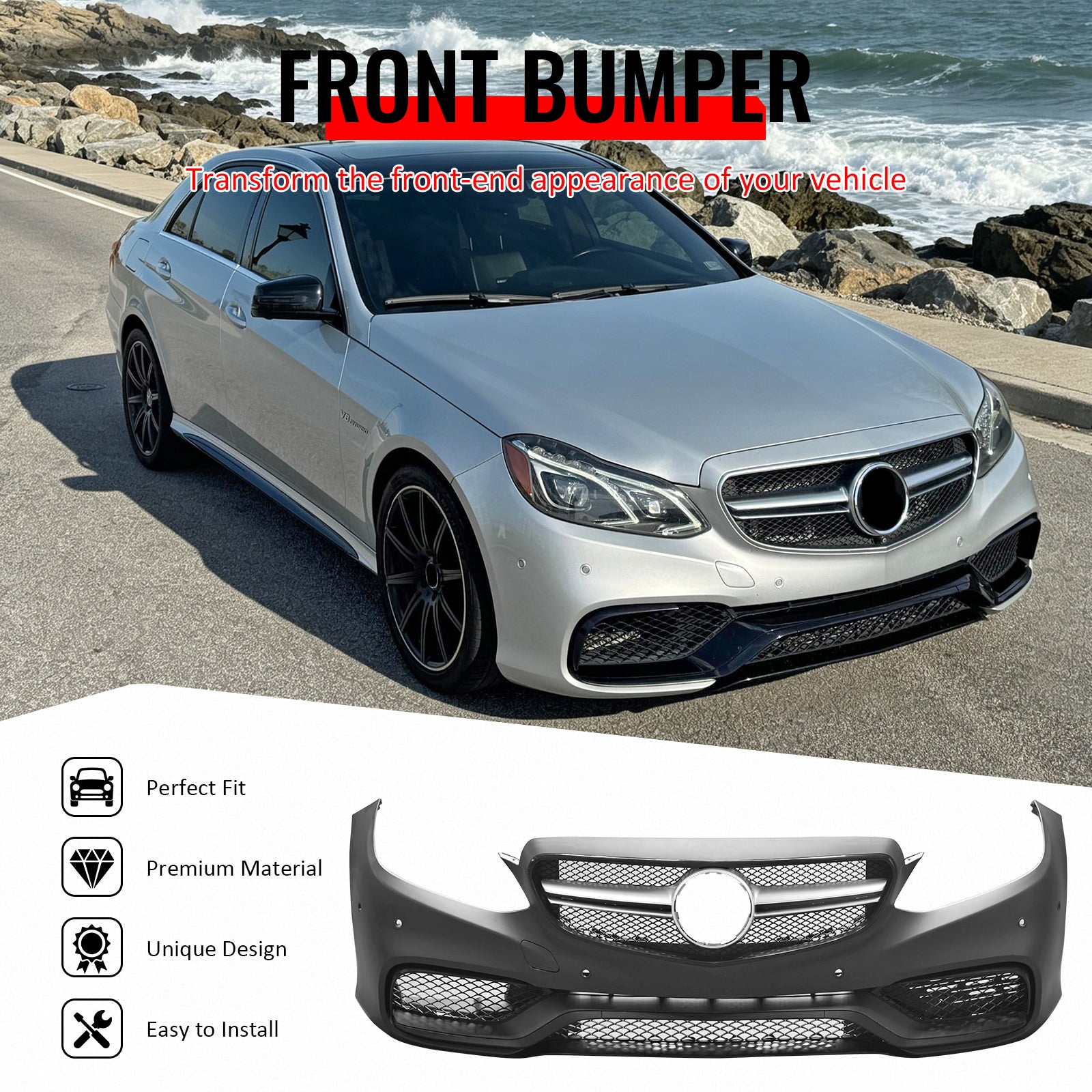 Fit 2014-2016 Benz W212 E63 Style Front Bumper Cover W/Grille Silver Bar