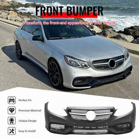 Fit 2014-2016 Benz W212 E63 Style Front Bumper Cover W/Grille Silver Bar