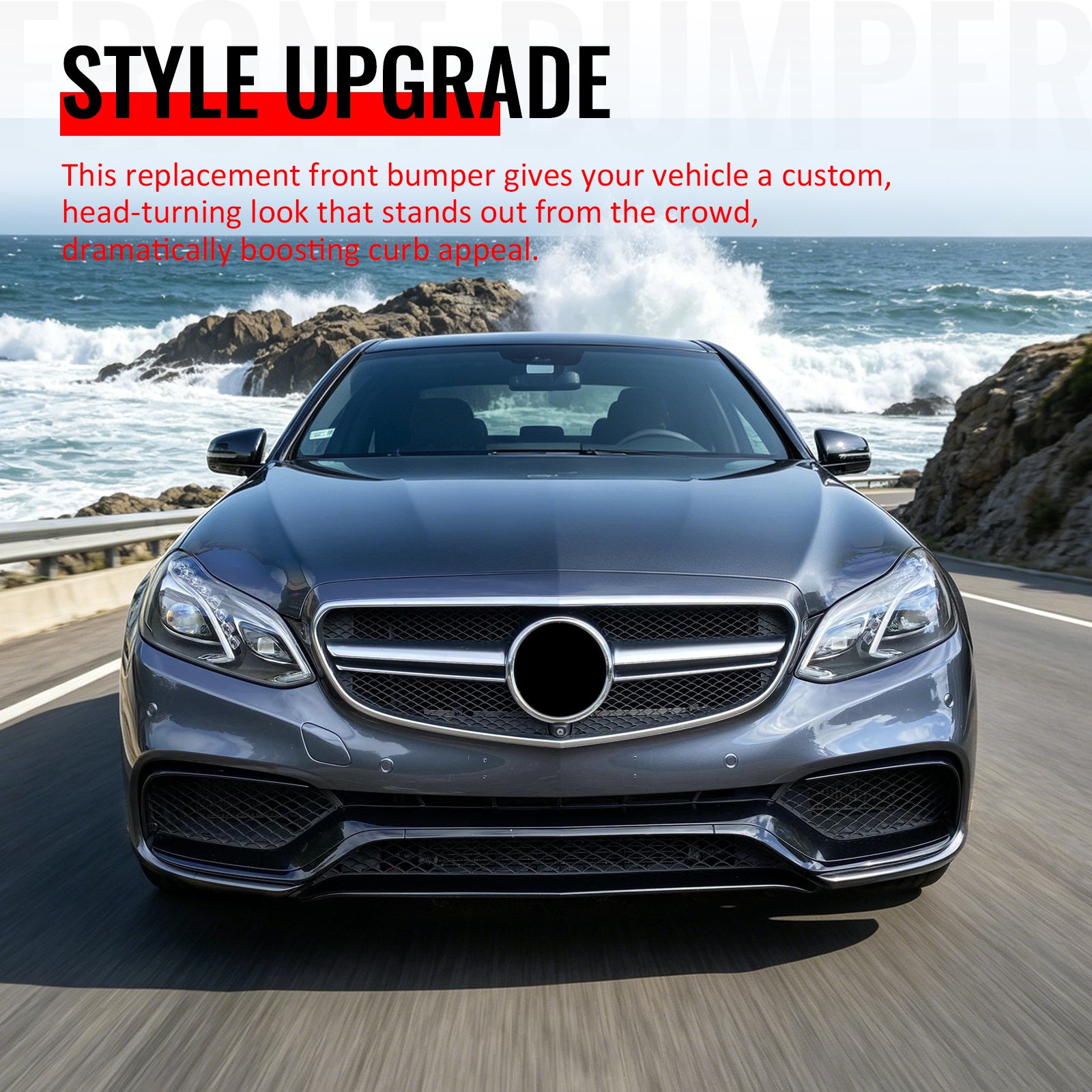 Fits 14-16 Benz E-Class W212 E63 Style Front Bumper Cover W/Grille Silver Bar