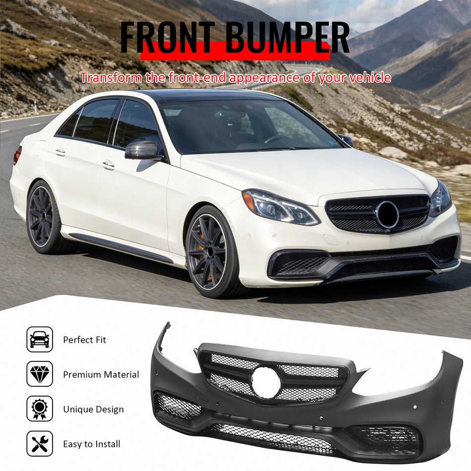 Fits 14-16 Benz E-Class W212 E63 Style Front Bumper Cover W/Grille Gloss Bar