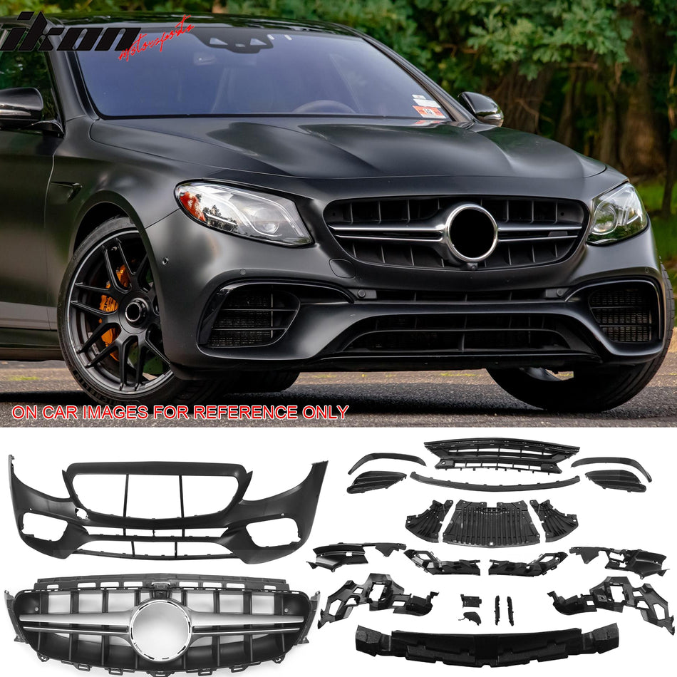 2017-2020 Mercedes-Benz E-Class W213 Front Bumper Cover Conversion Replacement W/Upper Grille W/Silver Trim E63 Style Unpainted Black PP ABS