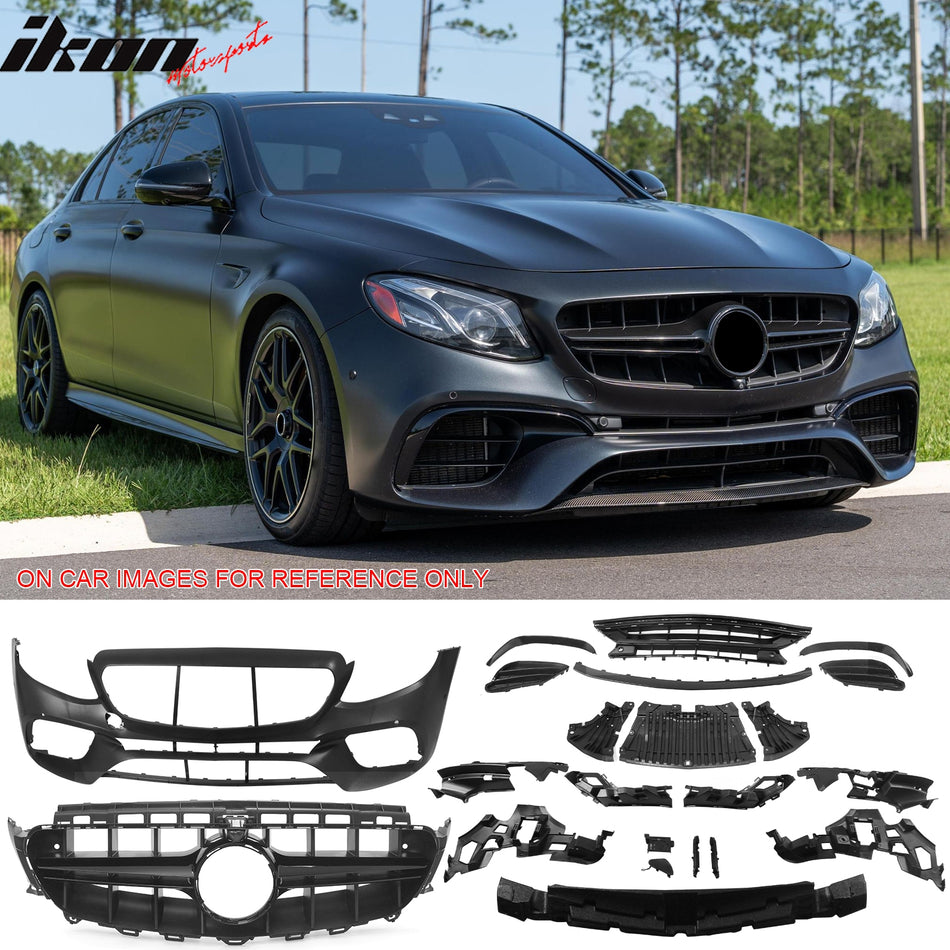 2017-2020 Mercedes-Benz E-Class W213 Front Bumper Cover Conversion Replacement W/Upper Grille W/Gloss Trim E63 Style Unpainted Black PP ABS
