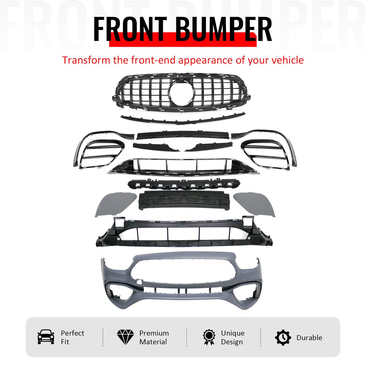 IKON MOTORSPORTS Front Bumper Cover, Compatible with 2021–2023 Benz W213 E Class, E63 Style Unpainted PP Bumper Conversion Bodykit W/ Gloss Black ABS Upper Grille