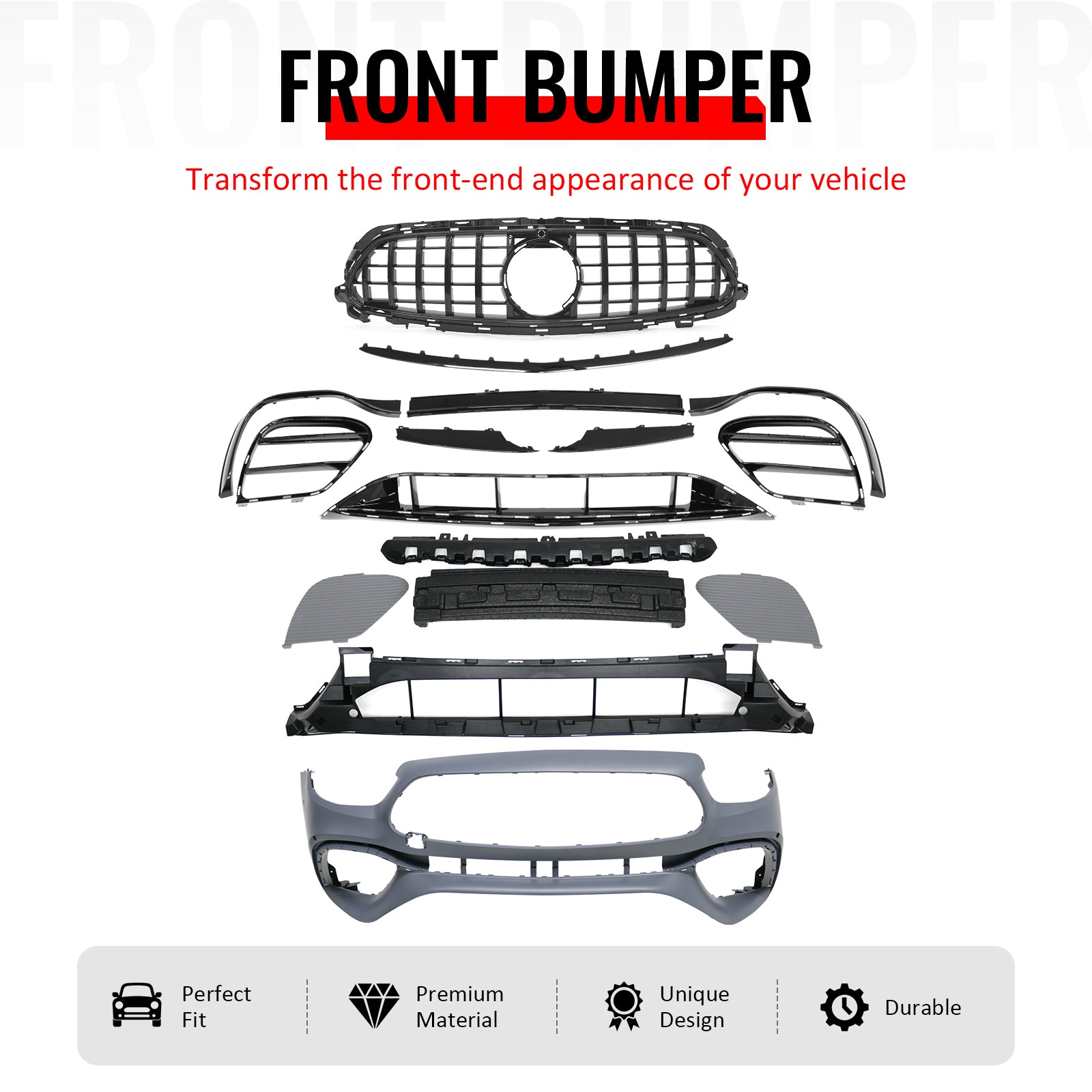 IKON MOTORSPORTS Front Bumper Cover, Compatible with 2021–2023 Benz W213 E Class, E63 Style Unpainted PP Bumper Conversion Bodykit W/ Gloss Black ABS Upper Grille