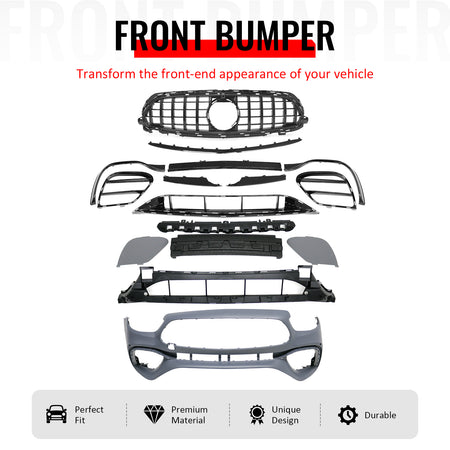 IKON MOTORSPORTS Front Bumper Cover, Compatible with 2021–2023 Benz W213 E Class, E63 Style Unpainted PP Bumper Conversion Bodykit W/ Gloss Black ABS Upper Grille