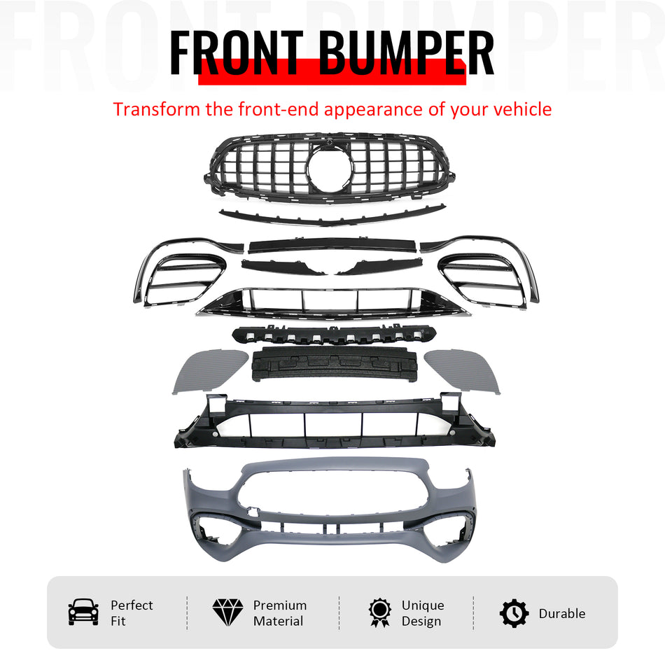 IKON MOTORSPORTS Front Bumper Cover, Compatible with 2021–2023 Benz W213 E Class, E63 Style Unpainted PP Bumper Conversion Bodykit W/ Gloss Black ABS Upper Grille