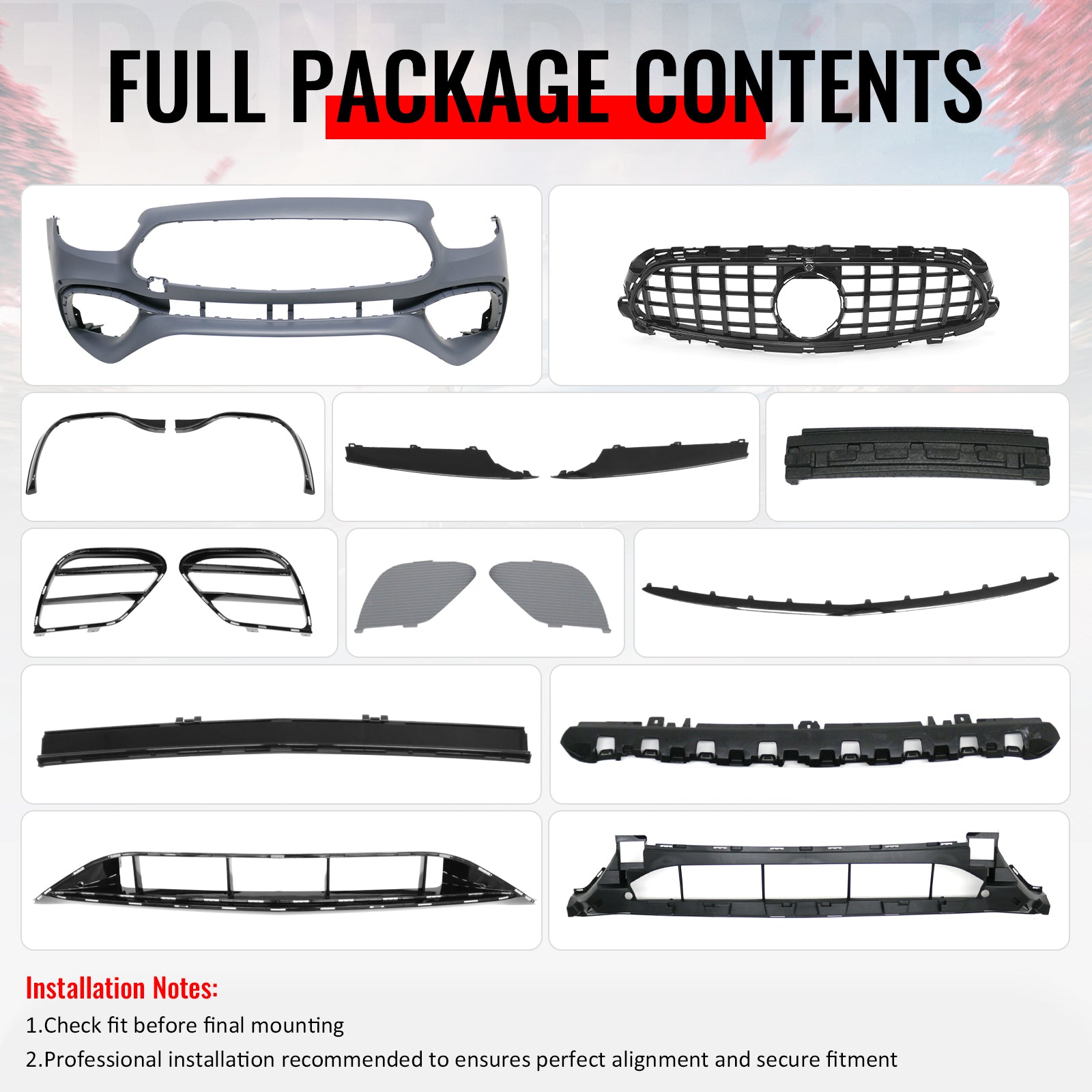For 2021–2023 Benz E-Class W213 E63 Front Bumper Cover Kit W/ Gloss Black Grille