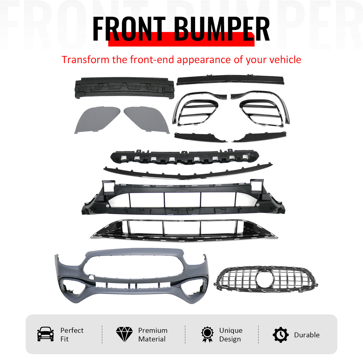 IKON MOTORSPORTS Front Bumper Cover, Compatible with 2021–2023 Benz W213 E Class, E63 Style Unpainted PP Bumper Conversion Bodykit W/ Chrome Trim ABS Upper Grille