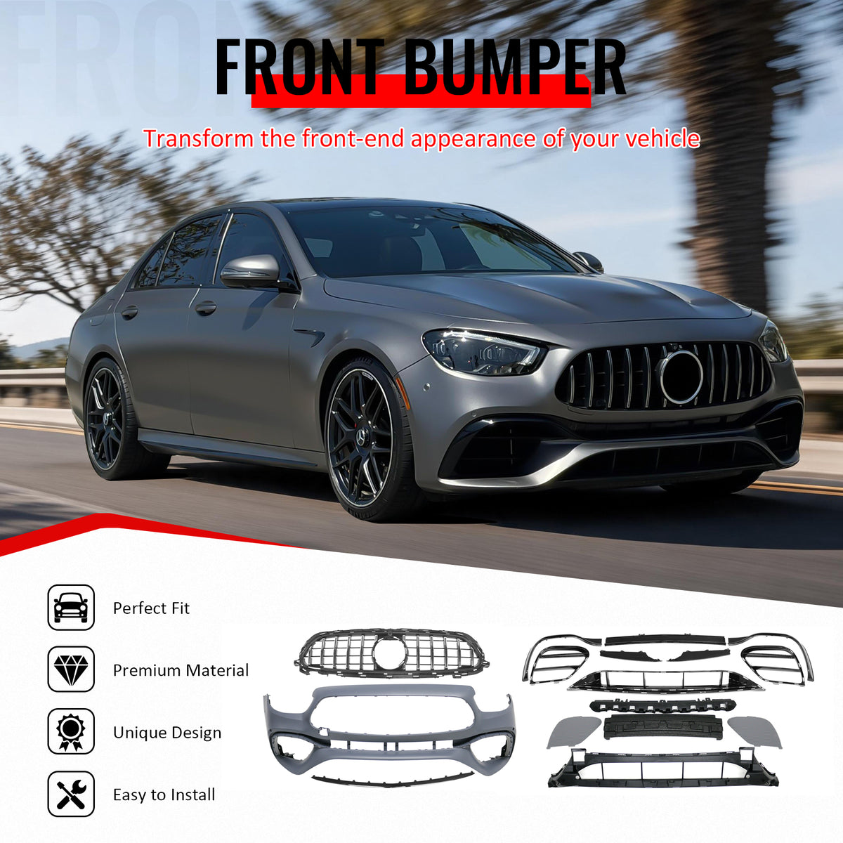 IKON MOTORSPORTS Front Bumper Cover, Compatible with 2021–2023 Benz W213 E Class, E63 Style Unpainted PP Bumper Conversion Bodykit W/ Chrome Trim ABS Upper Grille