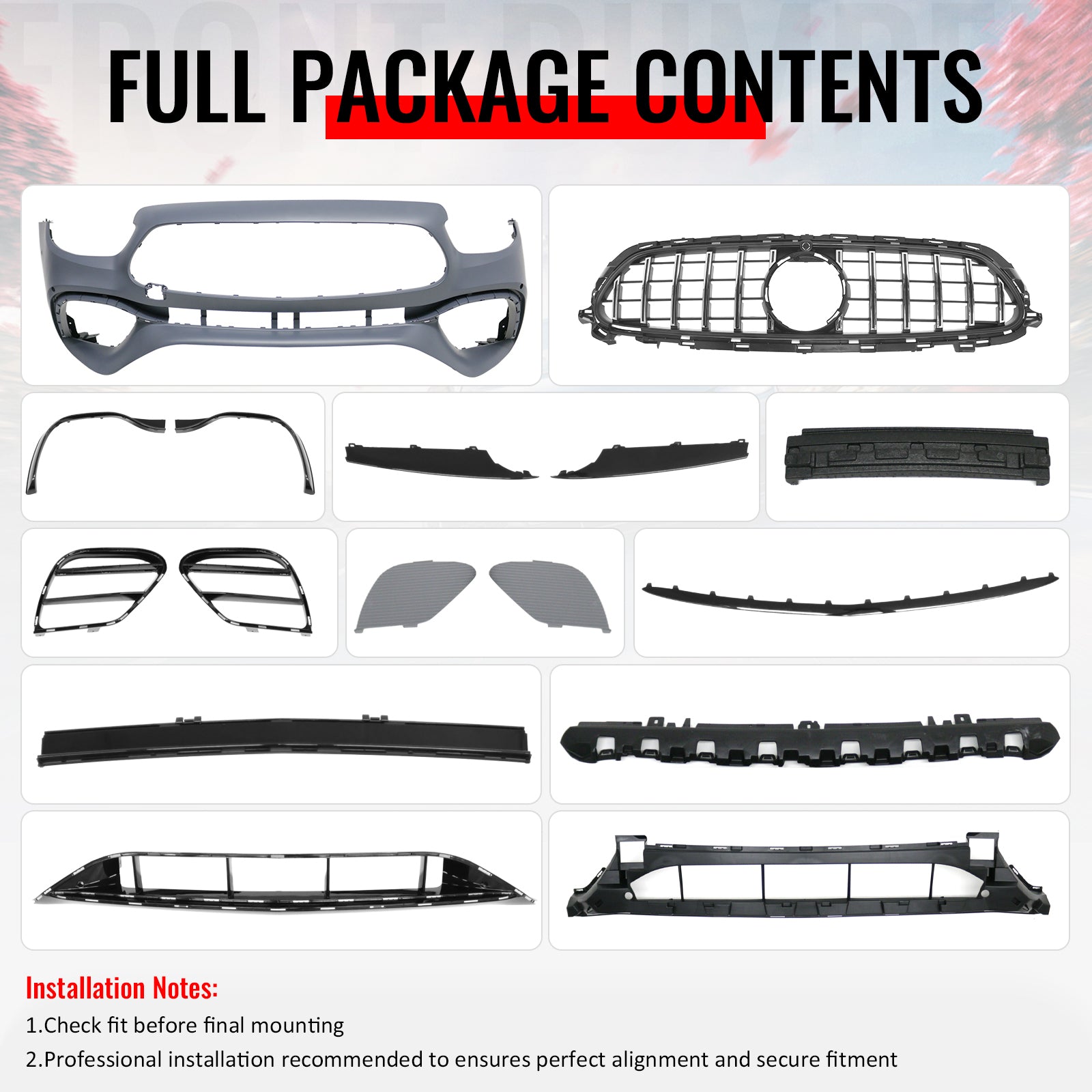 For 2021–2023 Benz E-Class W213 E63 Front Bumper Cover Kit W/ Chrome Trim Grille