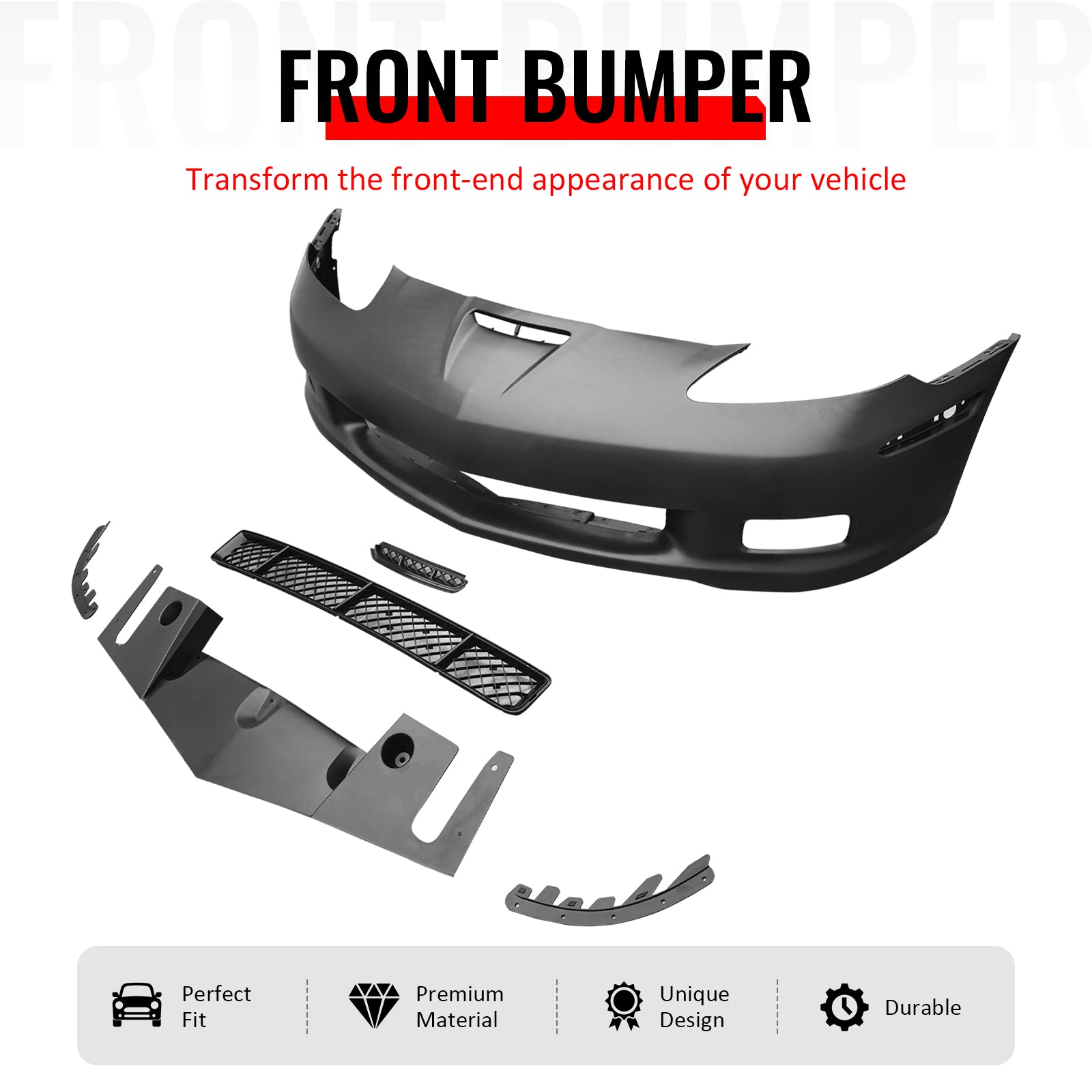 IKON MOTORSPORTS Front Bumper Cover, Compatible with 2005-2013 Chevrolet Corvette Base, C6 Z06 Style Unpainted Black PP Replacement Bumper Conversion W/ Grille