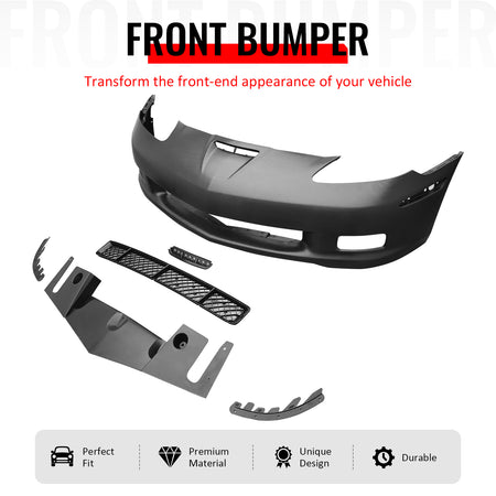 IKON MOTORSPORTS Front Bumper Cover, Compatible with 2005-2013 Chevrolet Corvette Base, C6 Z06 Style Unpainted Black PP Replacement Bumper Conversion W/ Grille