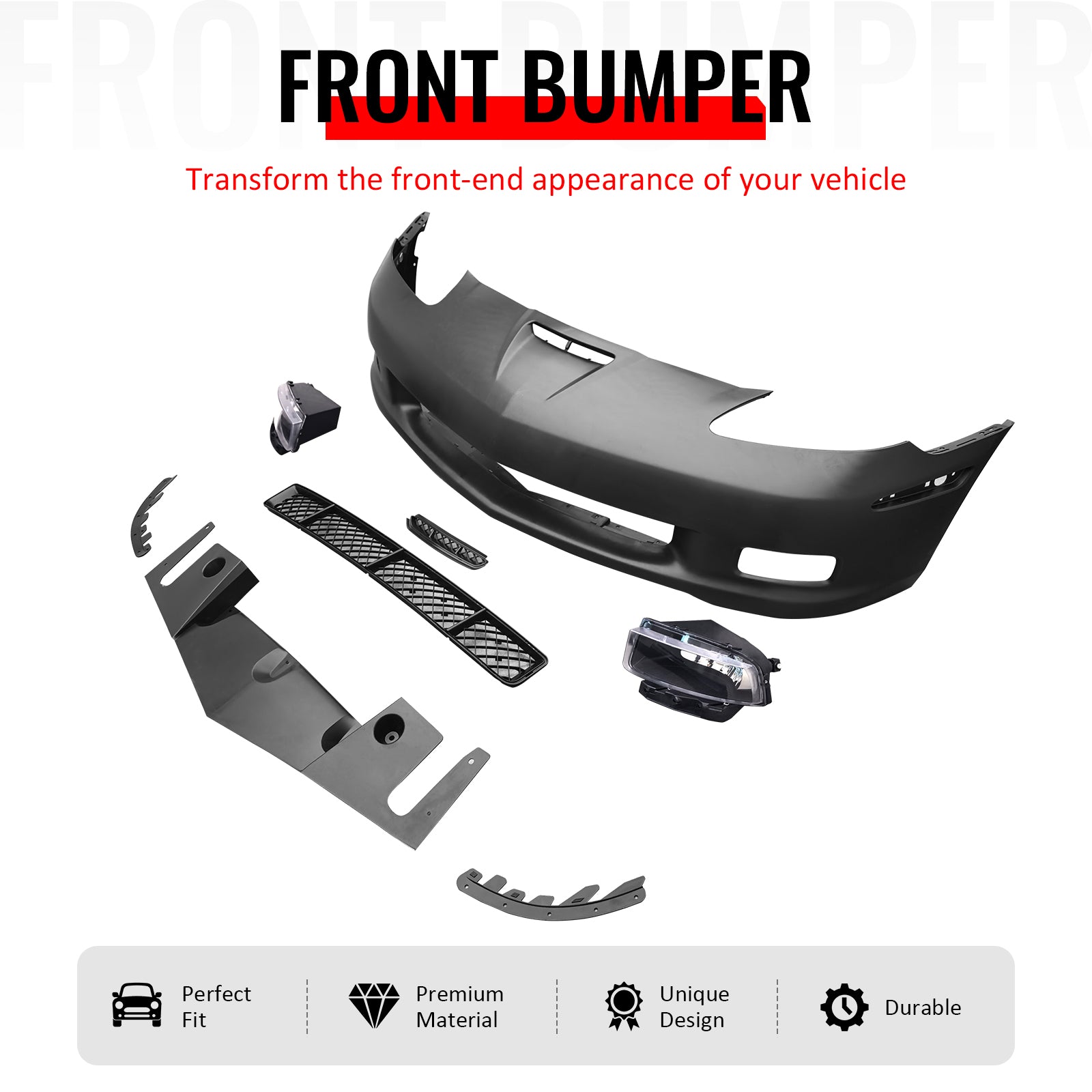 IKON MOTORSPORTS Front Bumper Cover, Compatible with 2005-2013 Chevrolet Corvette Base, C6 Z06 Style Unpainted Black PP Replacement Bumper Conversion W/ Grille + Holgen Foglights