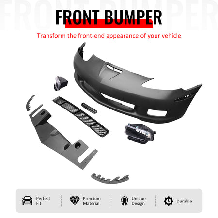 IKON MOTORSPORTS Front Bumper Cover, Compatible with 2005-2013 Chevrolet Corvette Base, C6 Z06 Style Unpainted Black PP Replacement Bumper Conversion W/ Grille + Holgen Foglights