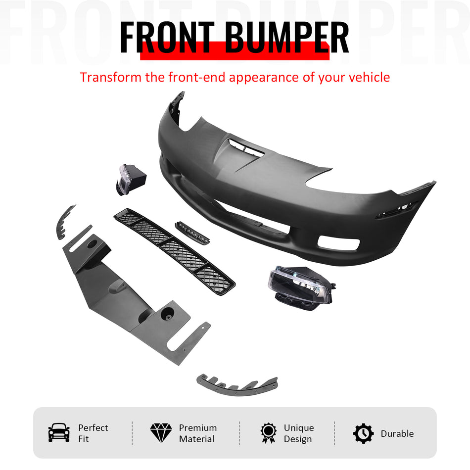 IKON MOTORSPORTS Front Bumper Cover, Compatible with 2005-2013 Chevrolet Corvette Base, C6 Z06 Style Unpainted Black PP Replacement Bumper Conversion W/ Grille + Holgen Foglights
