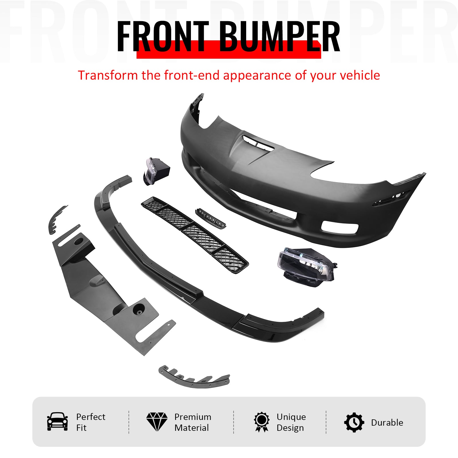 IKON MOTORSPORTS Front Bumper Cover, Compatible with 2005-2013 Chevy Corvette Base, C6 Z06 Style Unpainted Black PP Replacement Bumper Conversion W/ Grille + Holgen Foglights + Gloss Black Lip