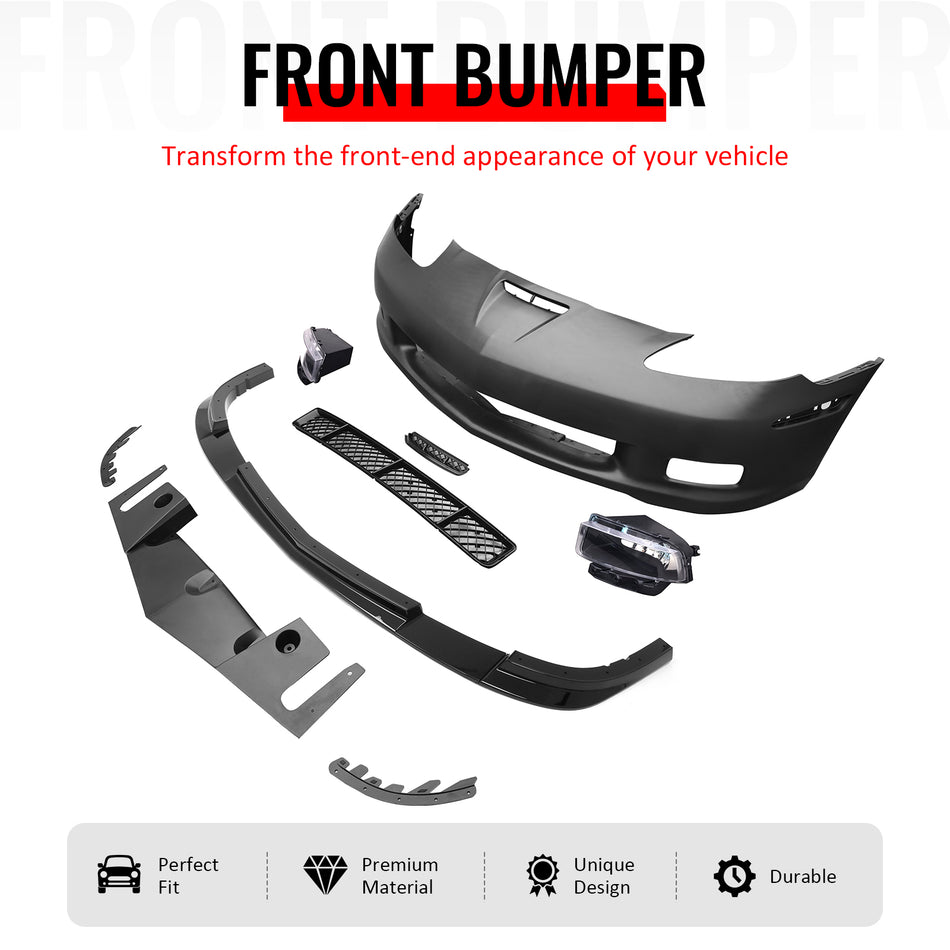 IKON MOTORSPORTS Front Bumper Cover, Compatible with 2005-2013 Chevy Corvette Base, C6 Z06 Style Unpainted Black PP Replacement Bumper Conversion W/ Grille + Holgen Foglights + Gloss Black Lip