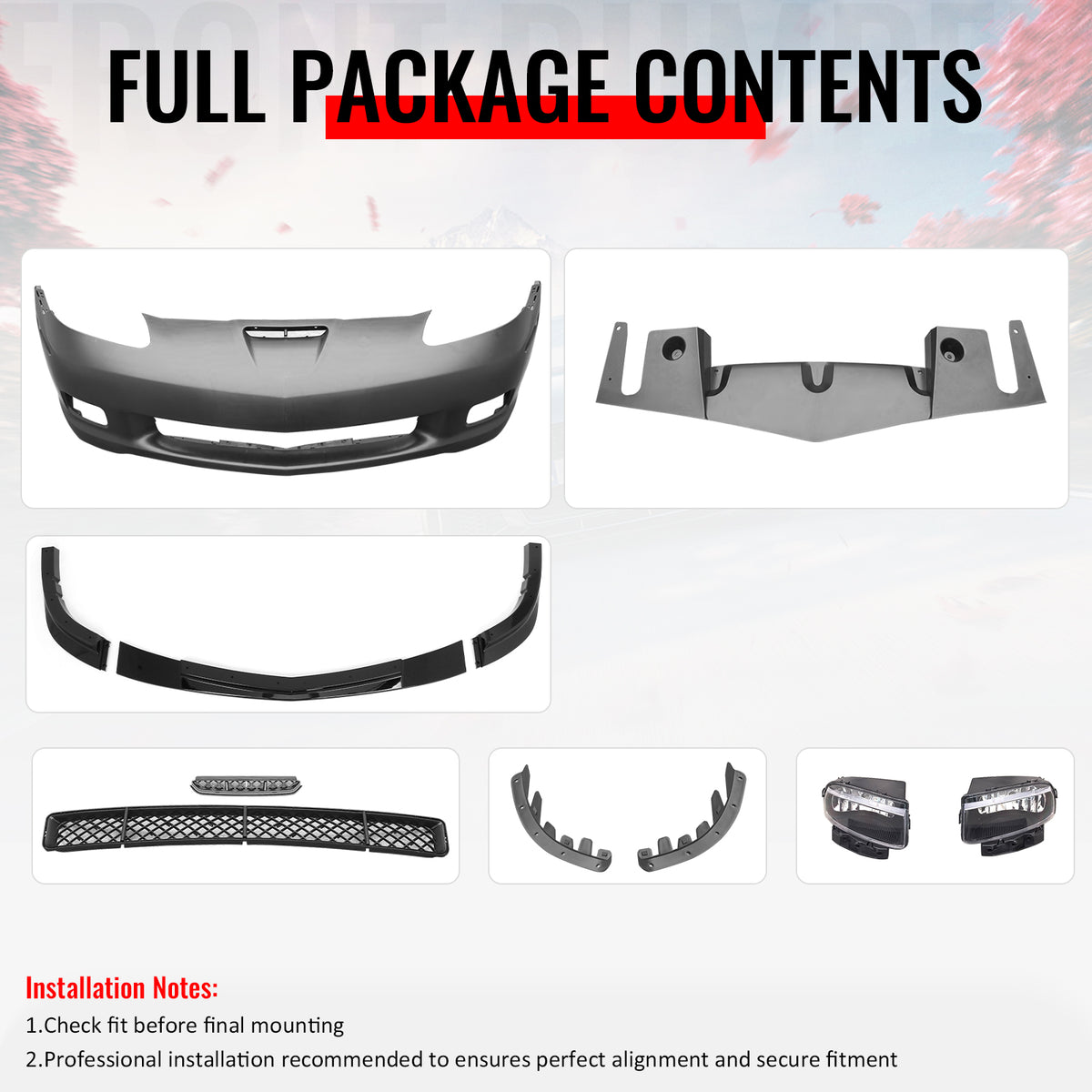 Fits 05-13 Corvette Front Bumper Cover Z06 Conversion +Foglight +Gloss Black Lip