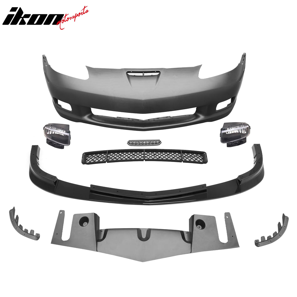 2005-2013 Corvette Base C6 Z06 Style PP Front Bumper Cover + Foglights + Gloss Black Front Lip