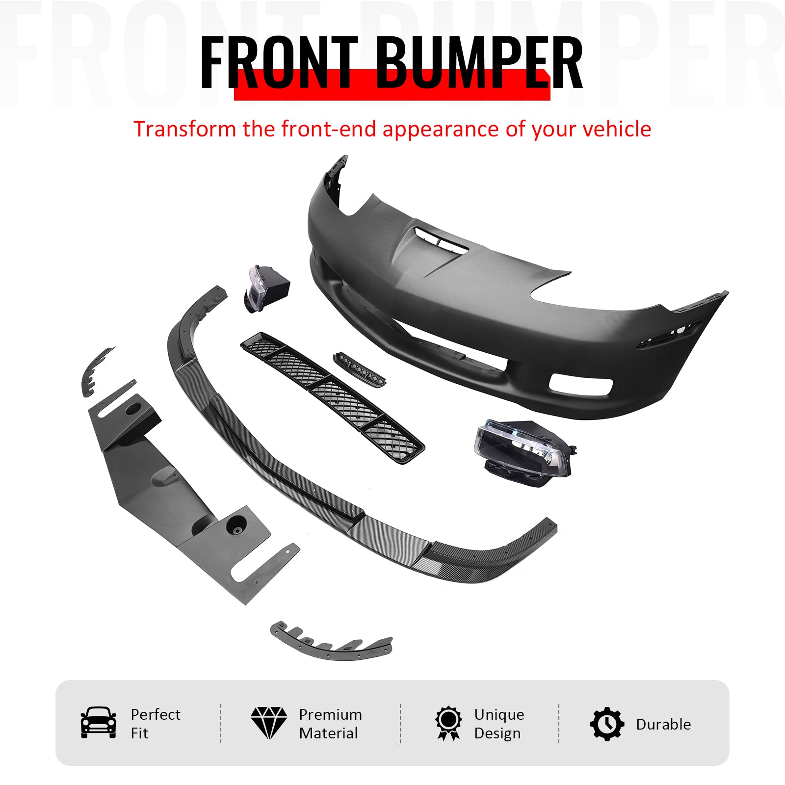 IKON MOTORSPORTS Front Bumper Cover, Compatible with 2005-2013 Chevy Corvette Base, C6 Z06 Style Unpainted PP Replacement Bumper Conversion W/ Grille + Holgen Foglights + Carbon Fiber Print Lip