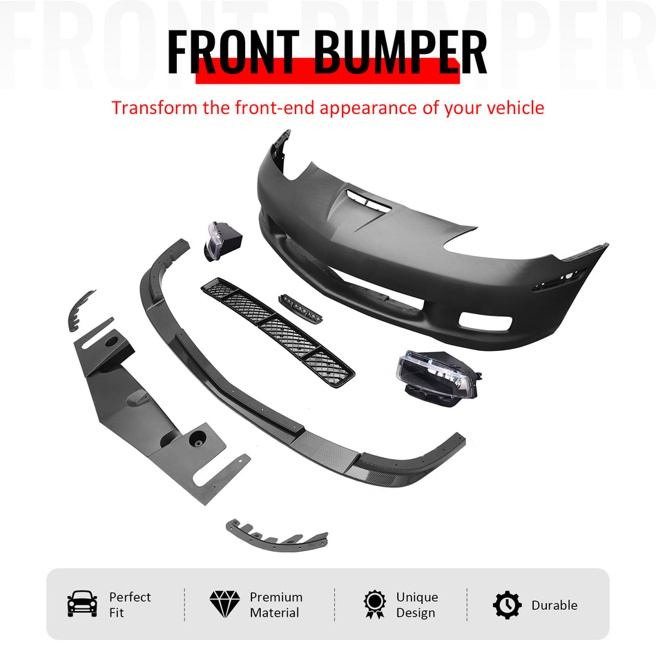 IKON MOTORSPORTS Front Bumper Cover, Compatible with 2005-2013 Chevy Corvette Base, C6 Z06 Style Unpainted PP Replacement Bumper Conversion W/ Grille + Holgen Foglights + Carbon Fiber Print Lip