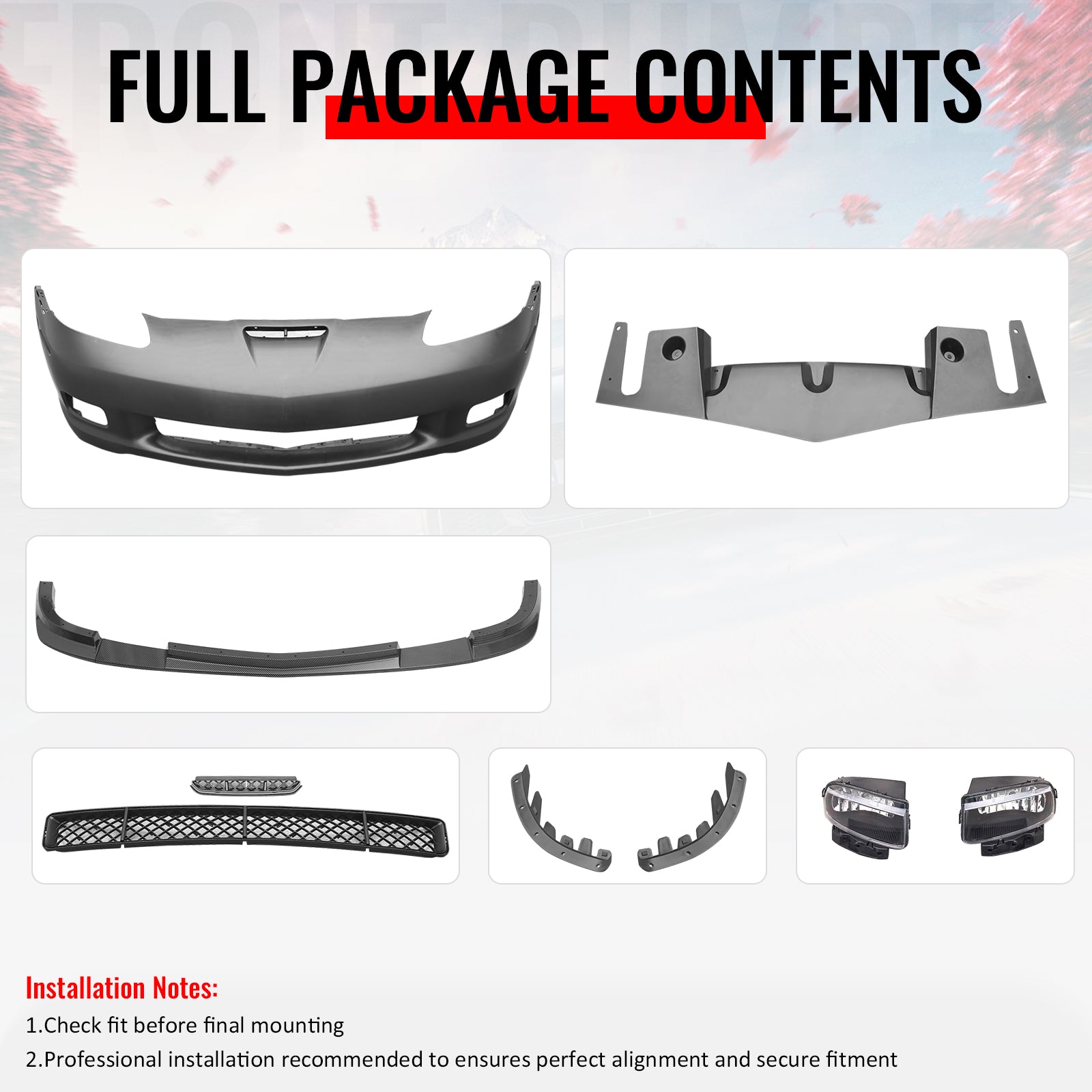 Fits 05-13 Corvette Front Bumper Cover Z06 +Foglight +Carbon Fiber Print ZR1 Lip