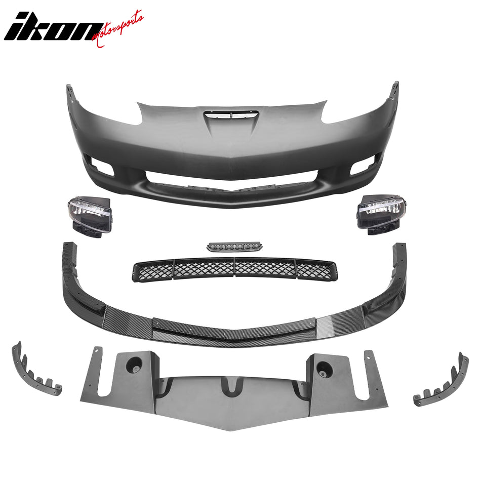 2005-2013 Corvette Base C6 Z06 Style PP Front Bumper Cover + Foglights + Carbon Fiber Print Front Lip