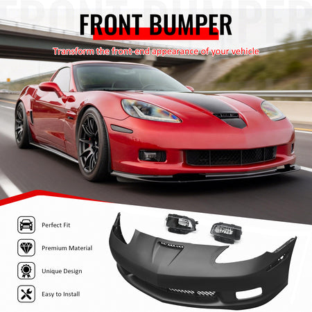 IKON MOTORSPORTS Front Bumper Cover, Compatible with 2006-2013 Chevrolet Corvette 427/Grand Sport/Z06/ZR1, Z06 Style Unpainted Black PP Replacement Bumper Conversion W/ Grille + Holgen Foglights