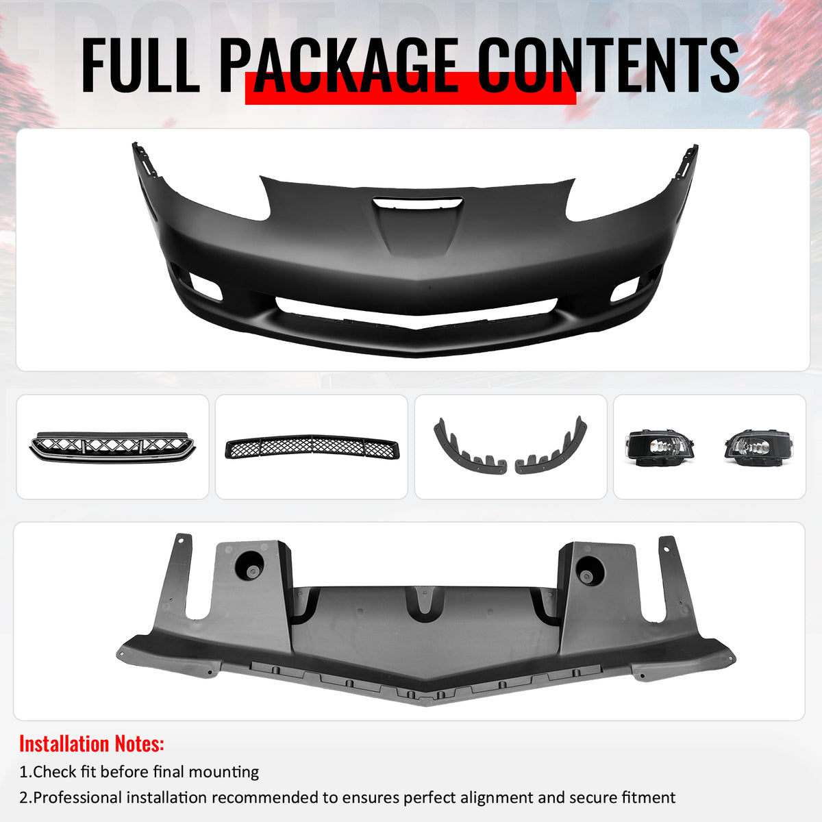 For 06-13 Corvette C6 Front Bumper Cover Z06 Style Conversion Assembly +Foglight
