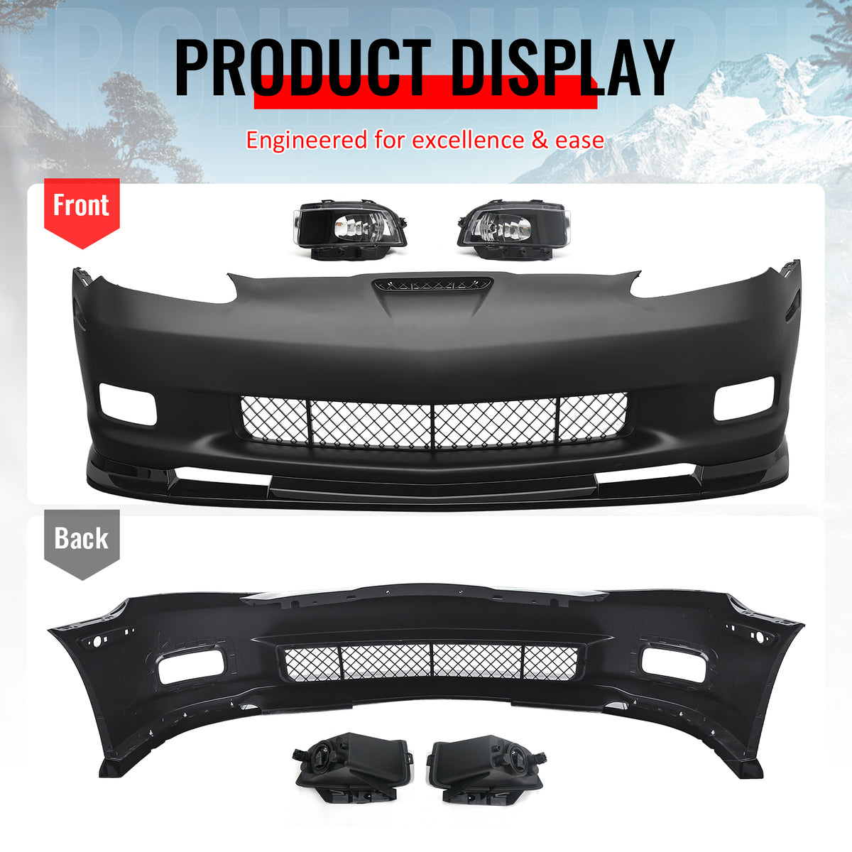 For 06-13 Corvette C6 Z06 Front Bumper Cover Conversion Foglight Gloss Black Lip
