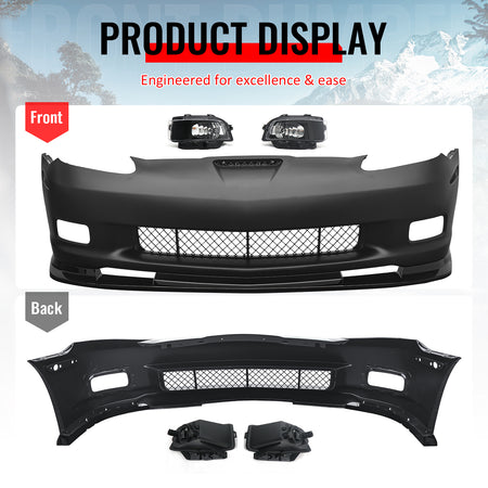 For 06-13 Corvette C6 Z06 Front Bumper Cover Conversion Foglight Gloss Black Lip