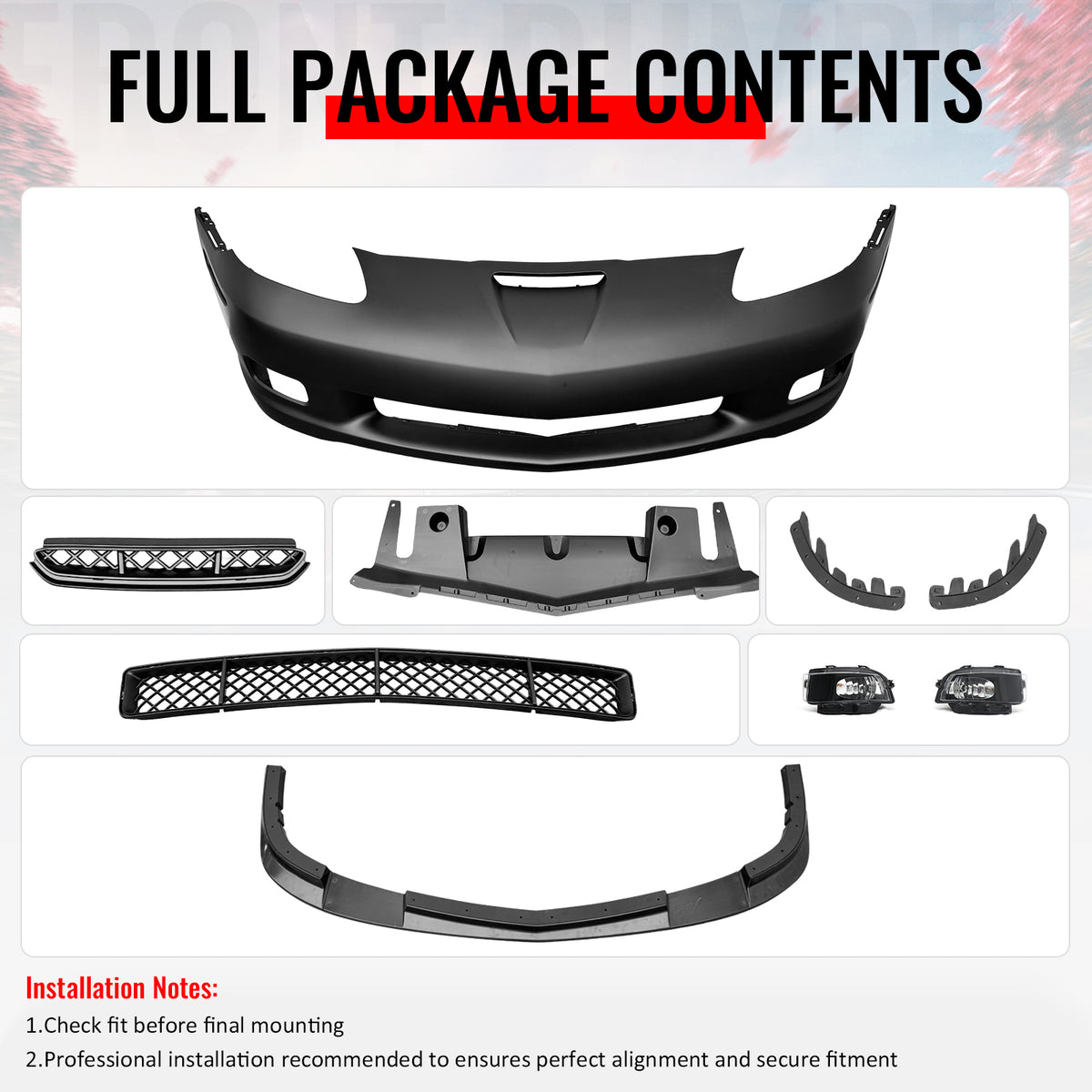 For 06-13 Corvette C6 Z06 Front Bumper Cover Conversion Foglight Gloss Black Lip