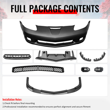 For 06-13 Corvette C6 Z06 Front Bumper Cover Conversion Foglight Gloss Black Lip