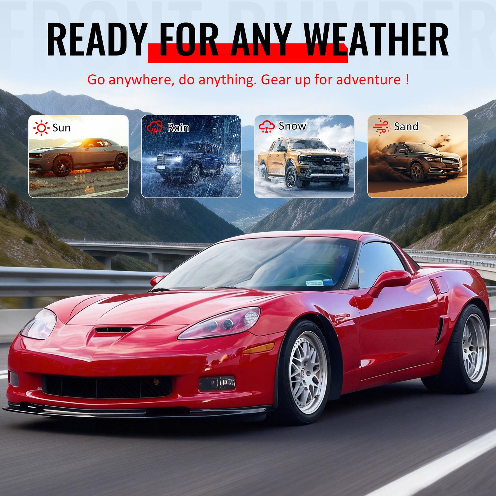 For 06-13 Corvette C6 Z06 Front Bumper Cover Conversion Foglight Gloss Black Lip